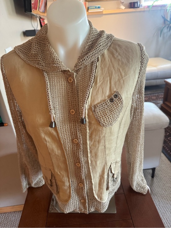 Japanese Jackets & Blazers - Women's Lightweight Hooded vintage linen Jacket in Tan with metallic detail